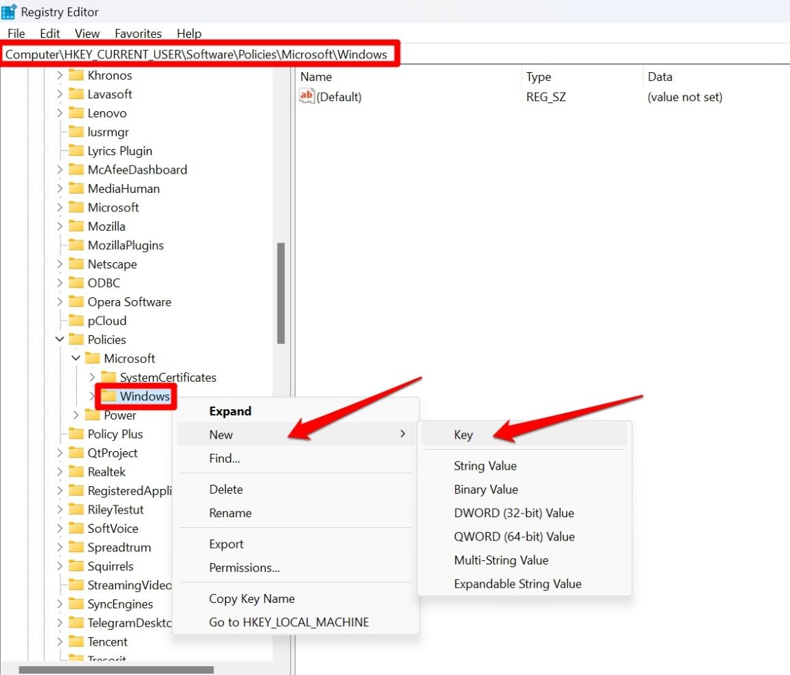 crea una nuova chiave per il registro di Windows