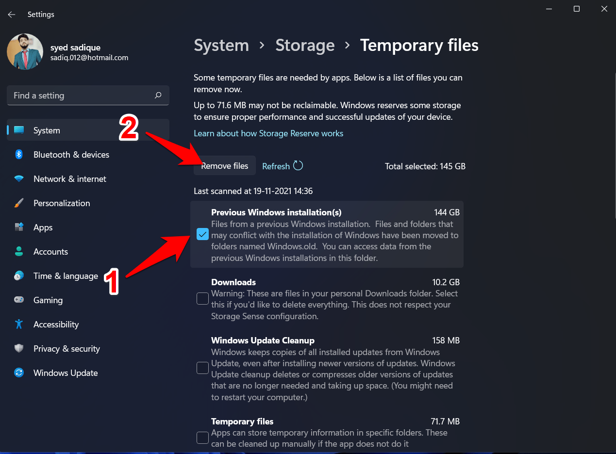 elimina la cartella windows.old in windows 11 tramite impostazioni file temporanei