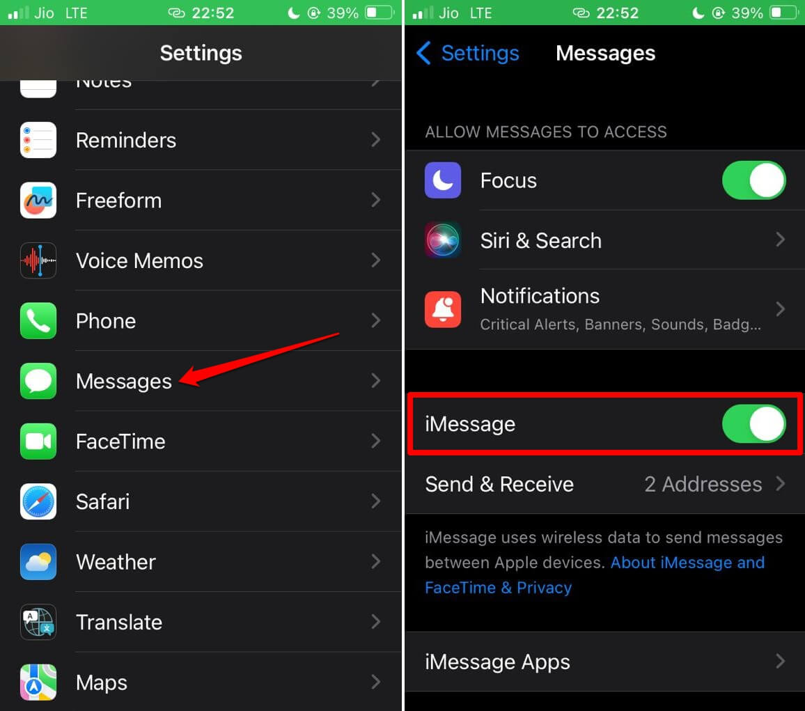 desactivar y volver a activar iMessage