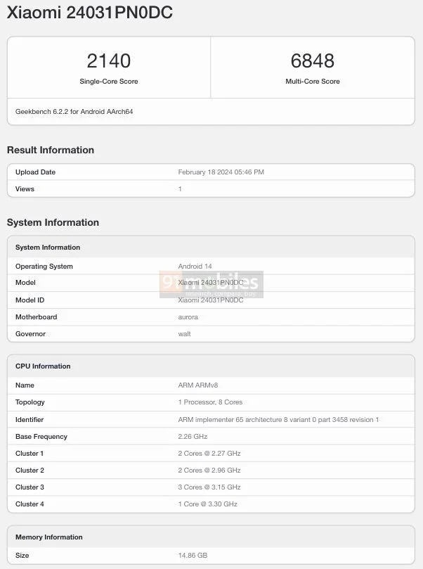 Xiaomi Civi 4 GeekBench
