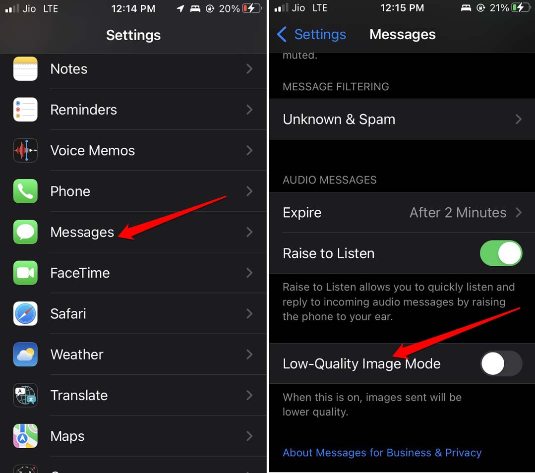 desactivar modo de imagen de baja calidad en iMessage