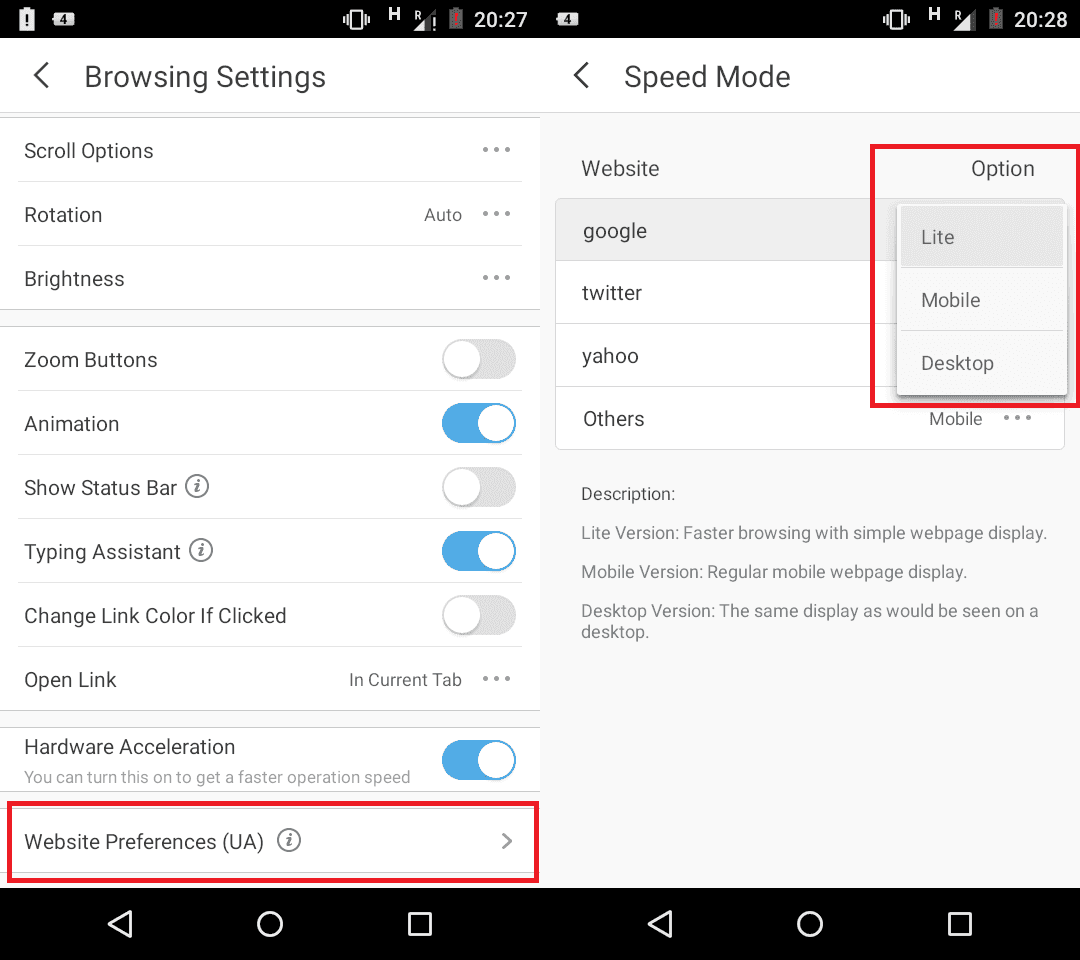 Preferenze del sito web UC Browser