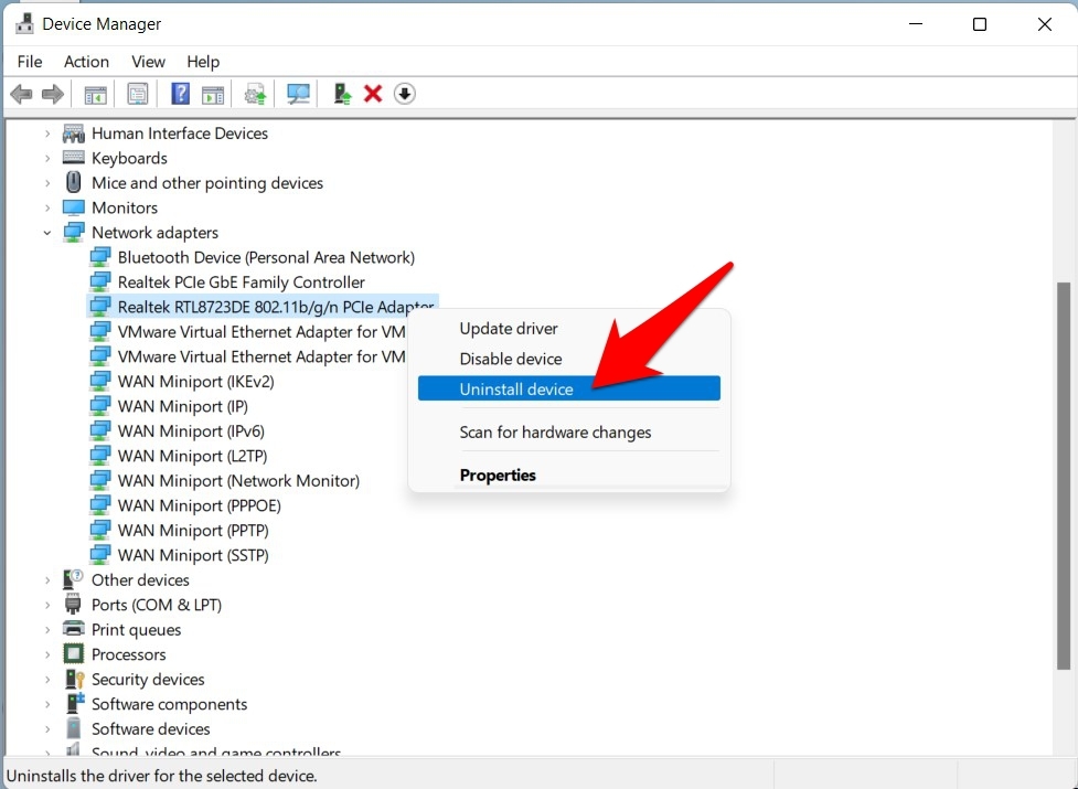 désinstaller les adaptateurs réseau windows 11