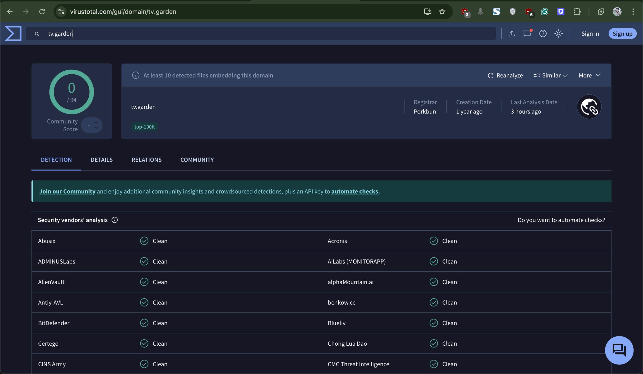 Escaneamento do VirusTotal mostrou que o tv garden é seguro
