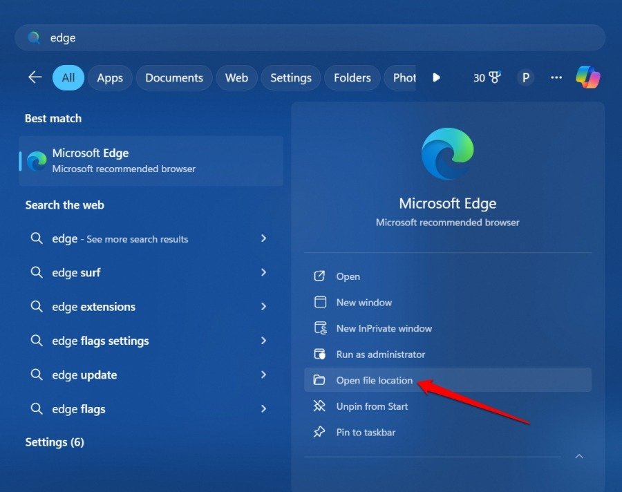 Öffnen Sie den Speicherort der Edge-Browseranwendung