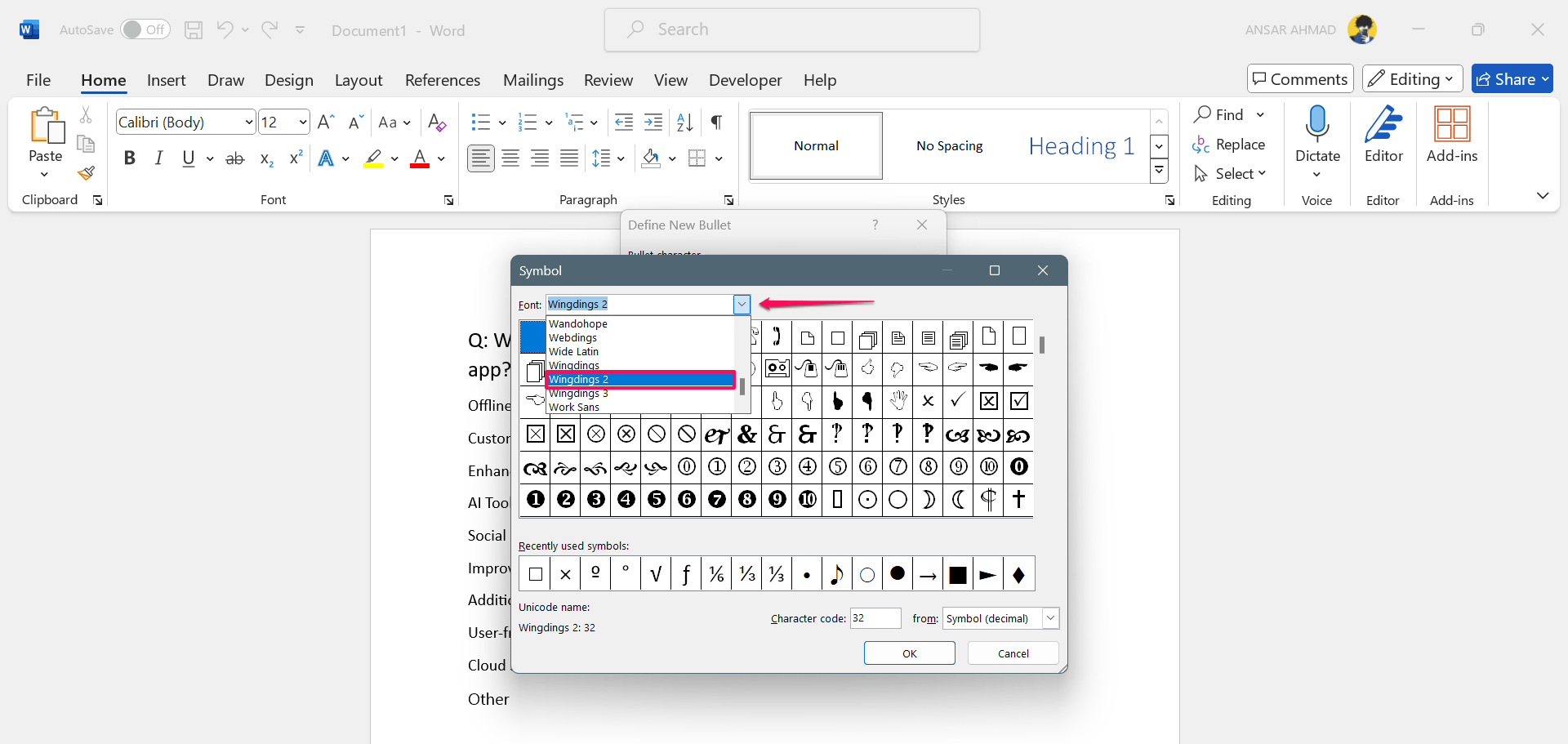 Seleziona i caratteri Wingdings 2 dall'elenco