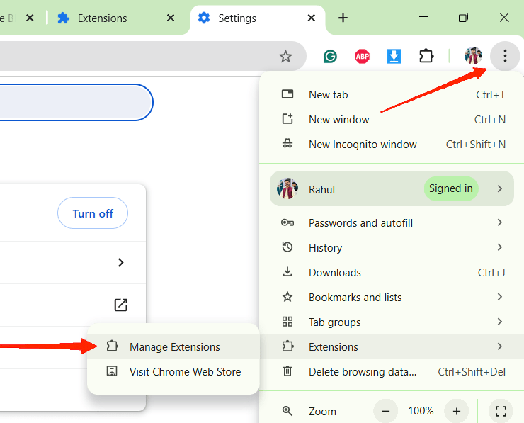 Öffnen Sie die Chrome-Browservoreinstellungen und navigieren Sie zum Abschnitt Erweiterungen verwalten.