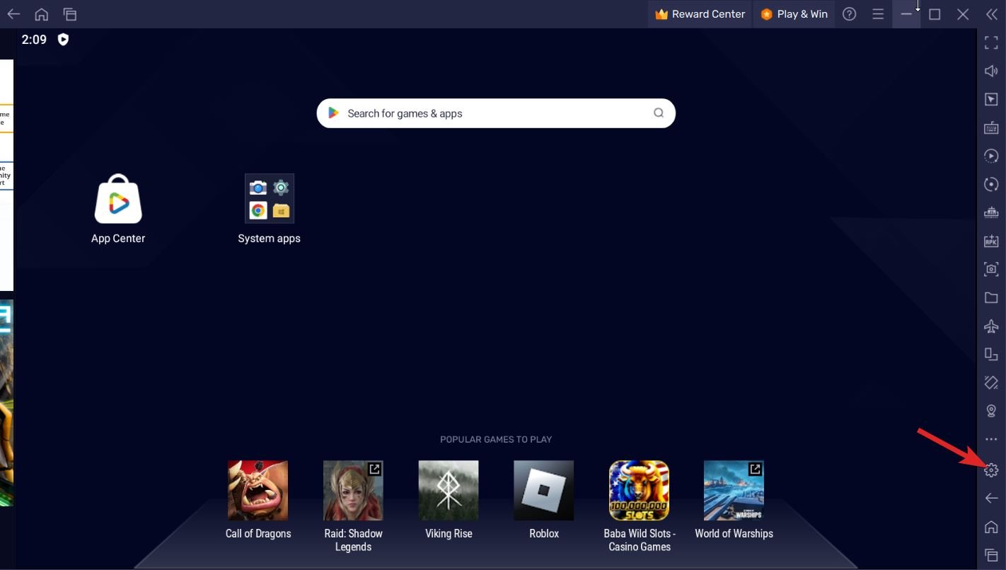 BlueStacks-Einstellungen durch Klicken auf das Zahnrad-Symbol starten