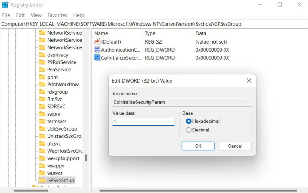 Modificar el archivo del Registro GPSVC