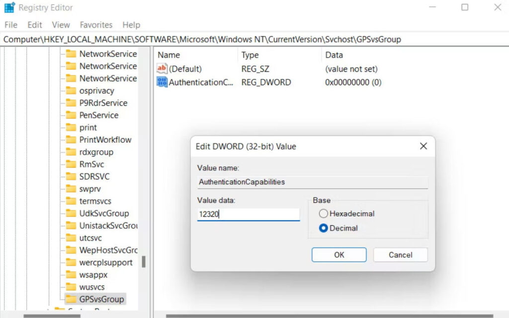 Modificar el archivo del Registro GPSVC