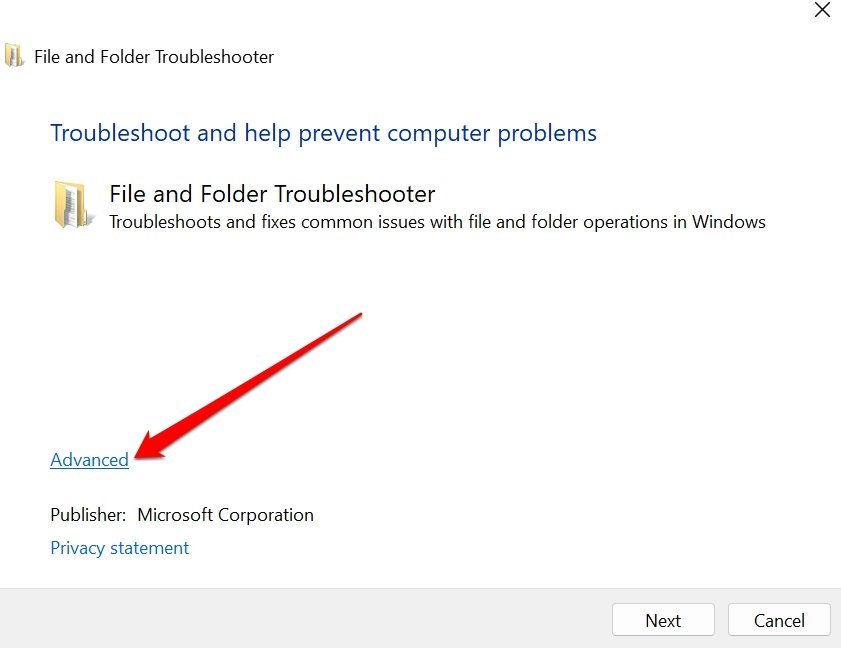 avvia lo strumento di risoluzione dei problemi di file e cartelle su Windows OS