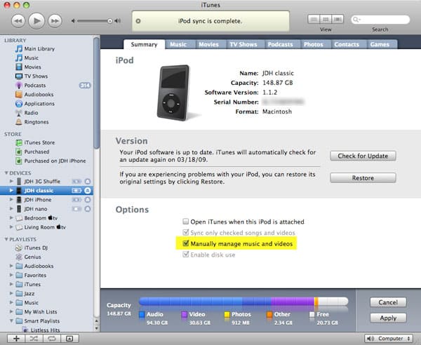 Memorizzare musica solo sul tuo iPod