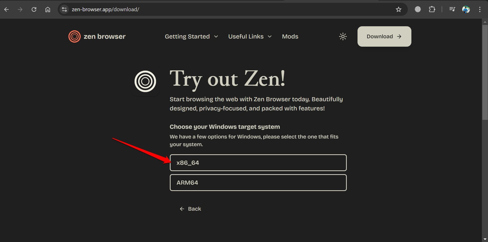 Wählen Sie die OS-Architektur zur Installation des Zen-Browsers