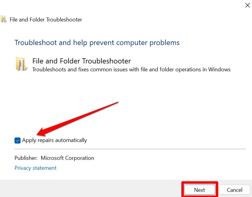 applica riparazioni automaticamente nello strumento di risoluzione dei problemi di file e cartelle