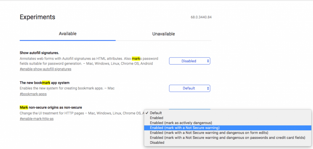 Desativar Aviso Não Seguro nas Configurações do Chrome Flag