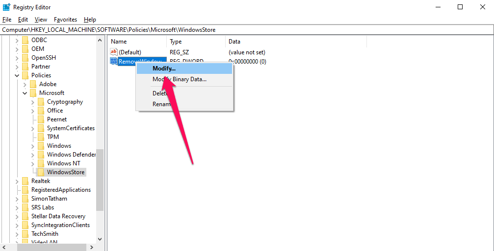 valor RemoveWindowsStore e toque no botão modificar