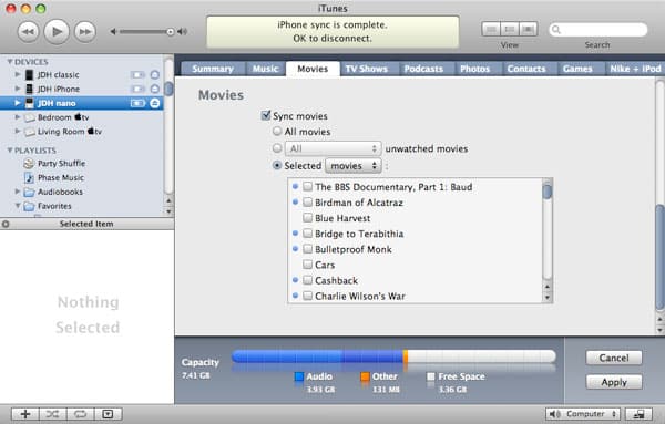 Sincronizando películas al iPod nano