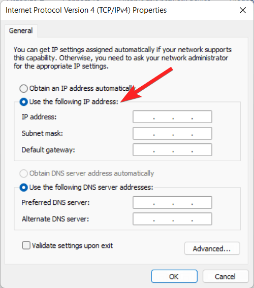 Habilitar la opción usar la siguiente dirección IP