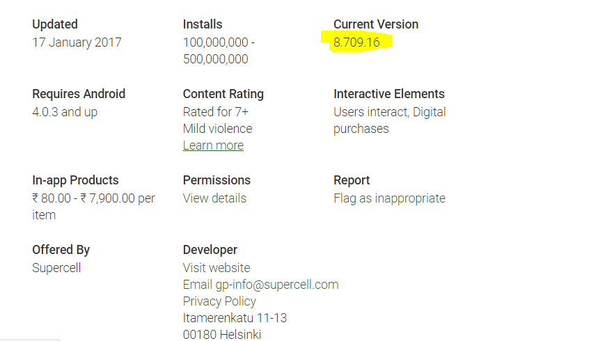 Ejemplo: Versión de la aplicación en Play Store