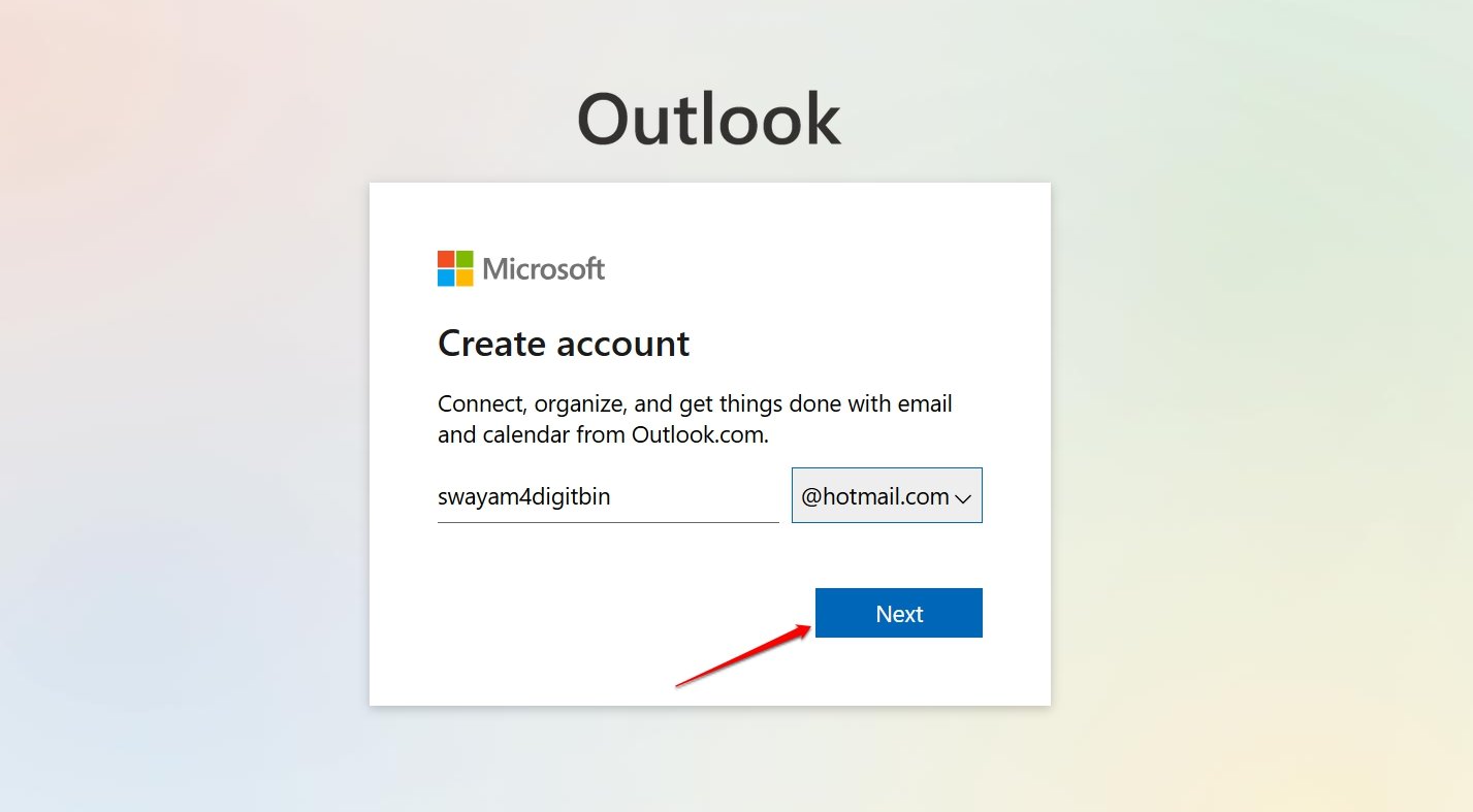 premi Avanti sulla pagina di creazione della nuova email hotmail