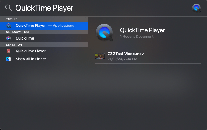 QuickTime Player в Spotlight