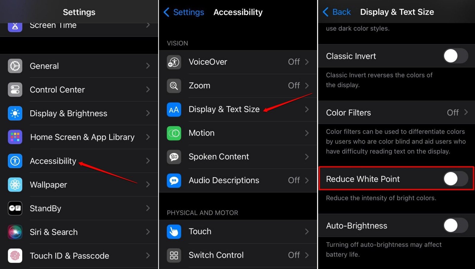disabilita la funzione riduci punto bianco in iOS 17