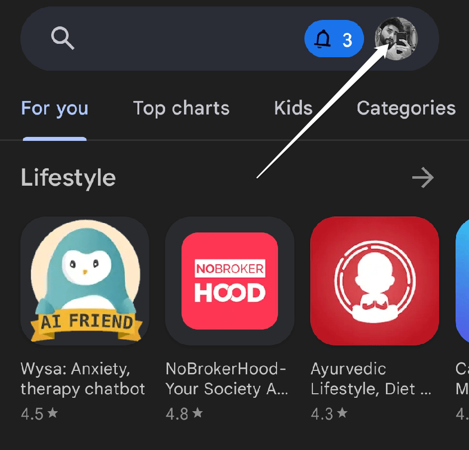 Öffnen Sie den Google Play Store und wählen Sie das Profil-Symbol aus