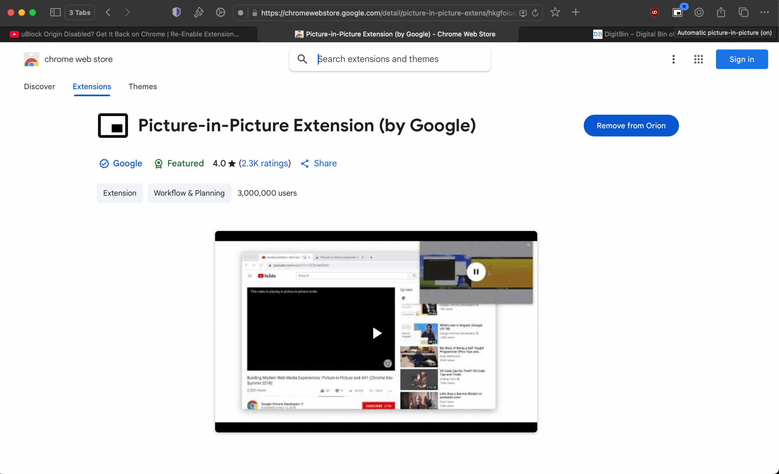 Estensione Picture-in-Picture di Google installata sul browser Orion