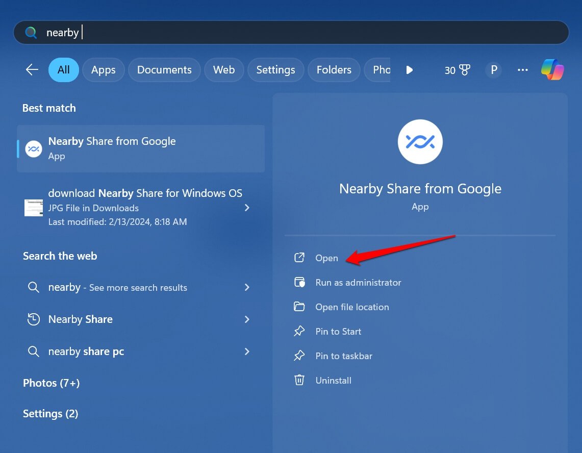 Nearby Share für Windows 11 starten