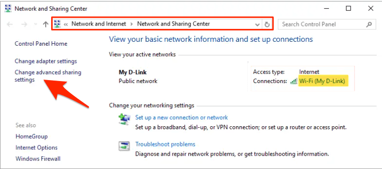 Abrir Centro de redes y recursos compartidos en Windows