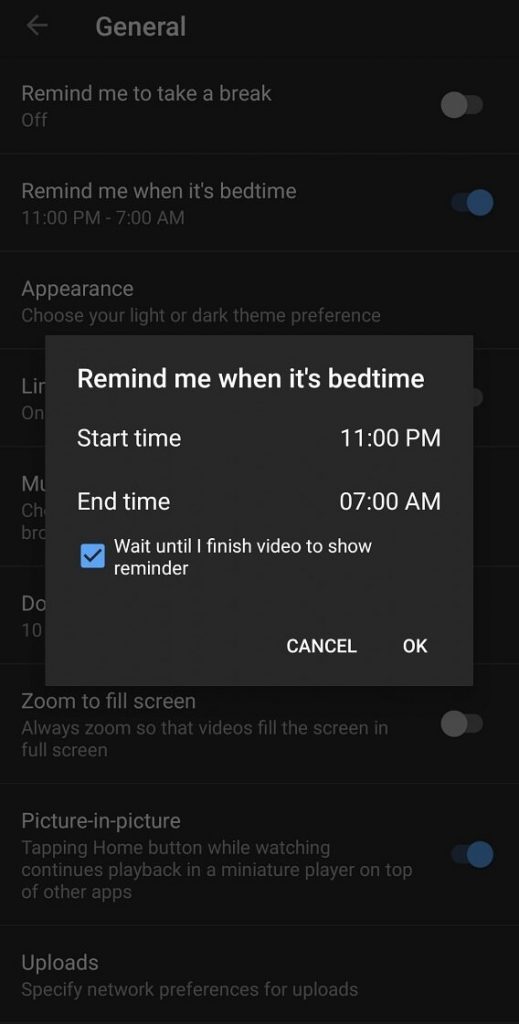 YouTube agrega recordatorio de hora de dormir