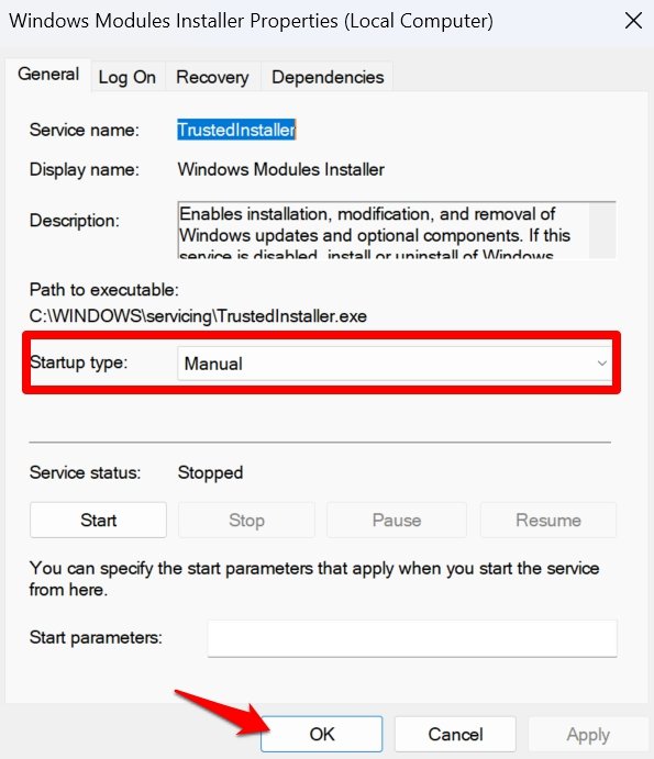 establecer el inicio del instalador de módulos de Windows a manual