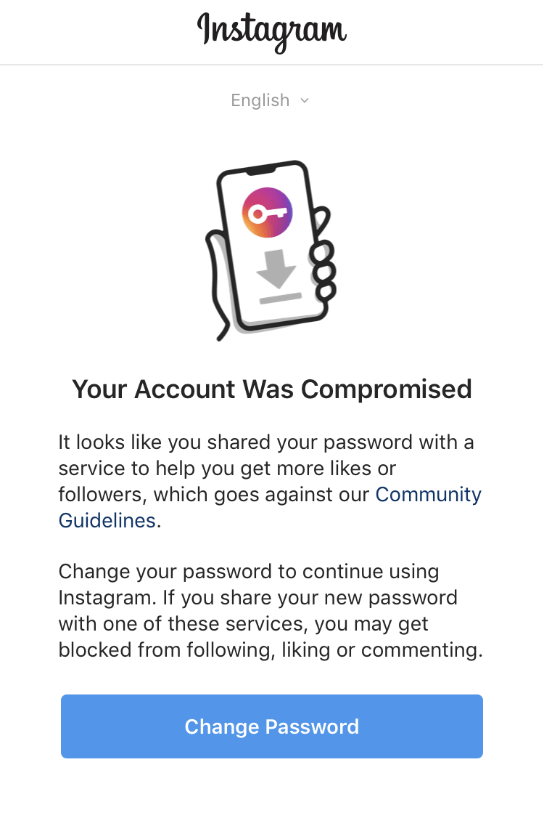 Votre compte a été compromis message Instagram