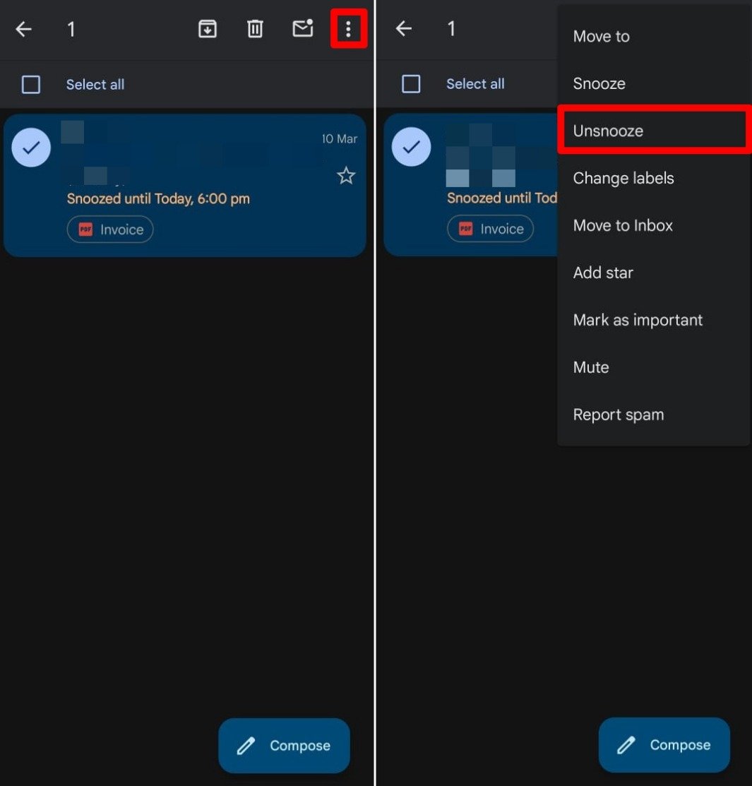 desposponiendo correos en la aplicación de Gmail