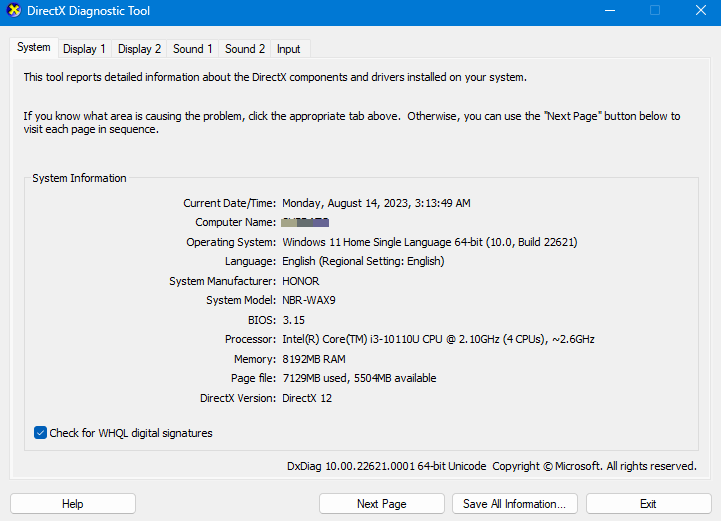 Esegui lo strumento di diagnostica DirectX