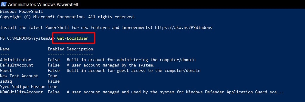 ottieni elenco account utente in windows 11 tramite powershell