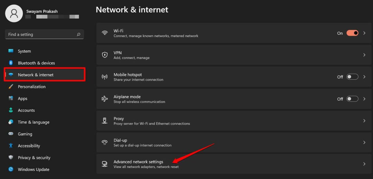 open advanced network settings