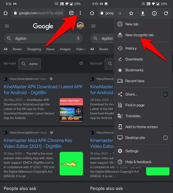 apri la finestra della modalità incognito di chrome su android