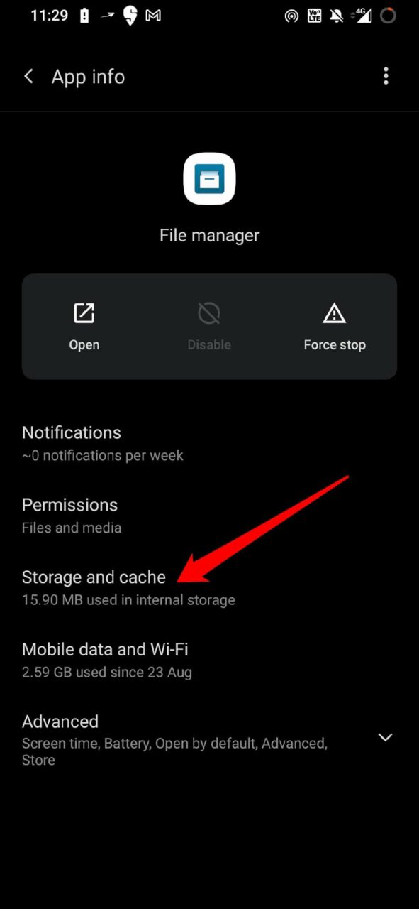 accedi a memoria e cache dell'app file manager