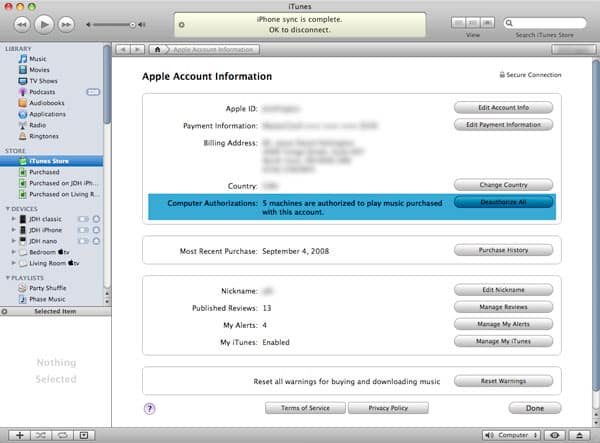 Restableciendo los conteos de autorización de iTunes Store