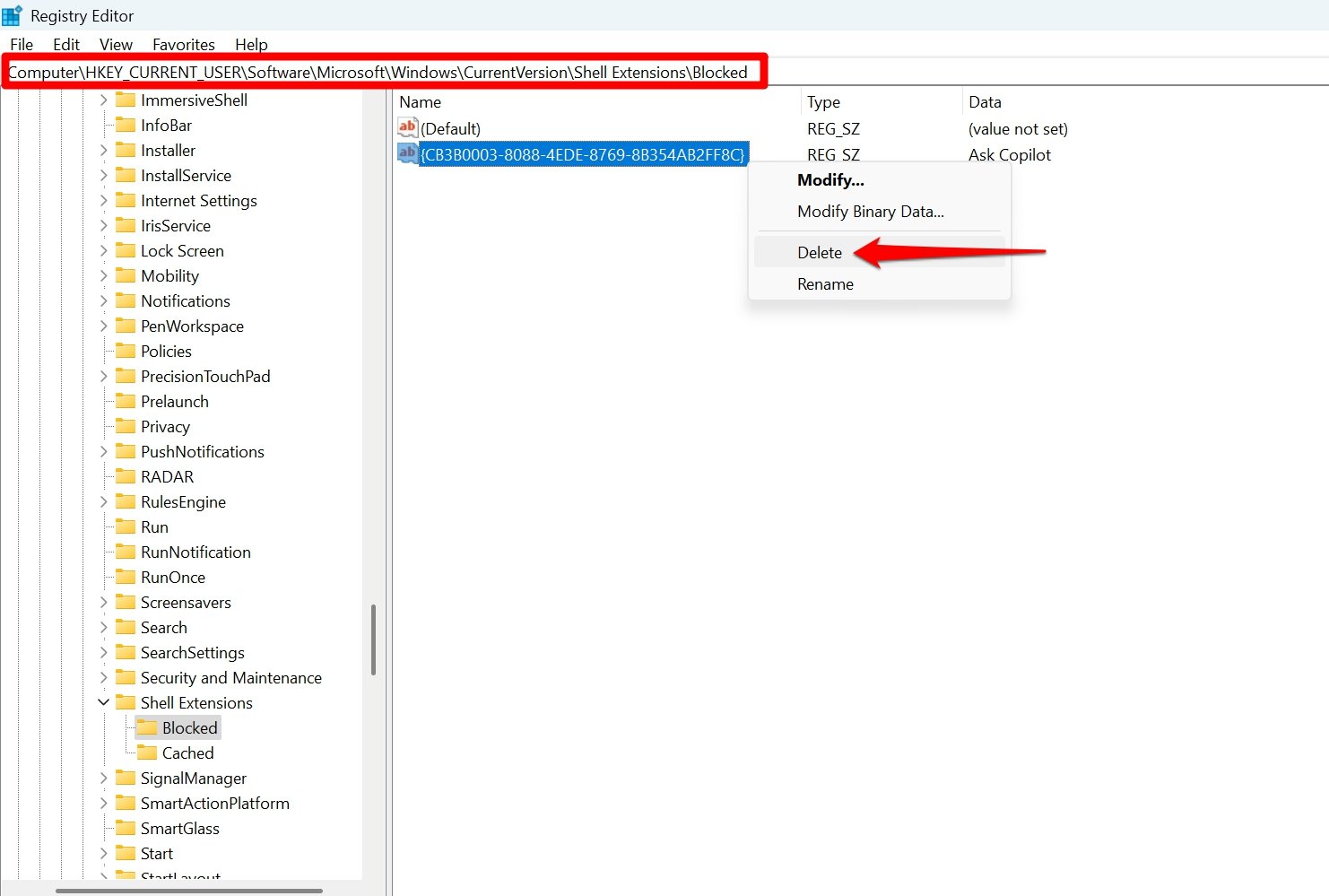 supprimer l'entrée de registre pour activer ask copilot dans l'Explorateur de fichiers