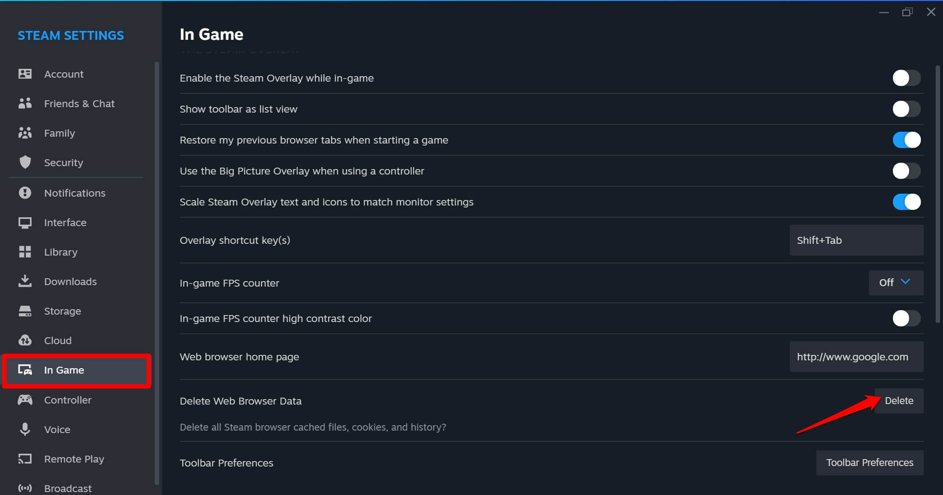 SteamのWebブラウザデータを削除
