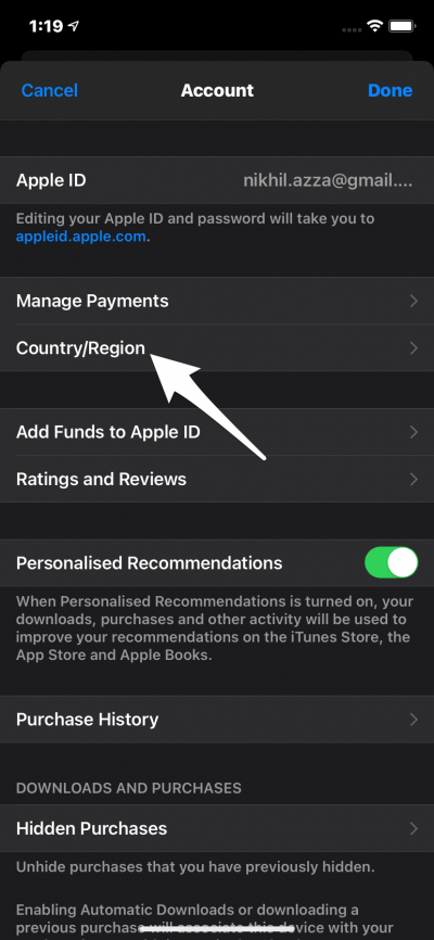 appuyez sur Changer de pays ou de région