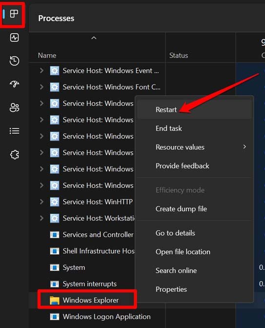 riavvia esplora file di Windows