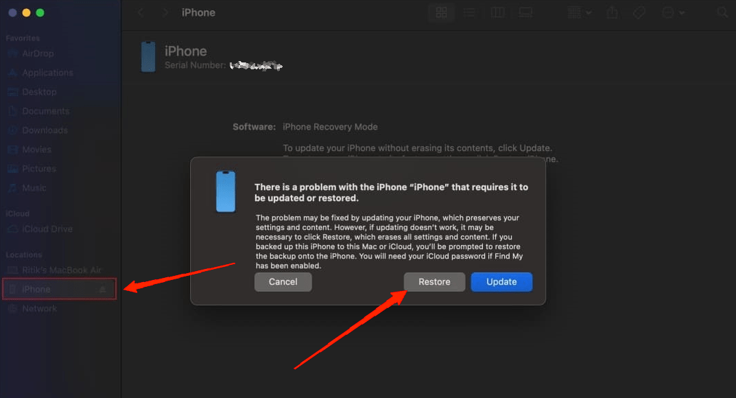 iTunes fragt Sie, ob Sie Ihr iPhone aktualisieren oder wiederherstellen möchten, klicken Sie einfach auf Wiederherstellen.