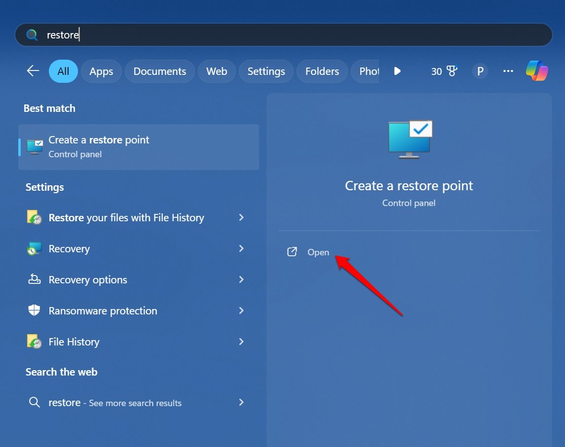 доступ к созданию точки восстановления в Windows 11