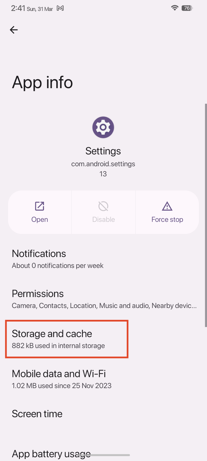 tap on Storage and cache