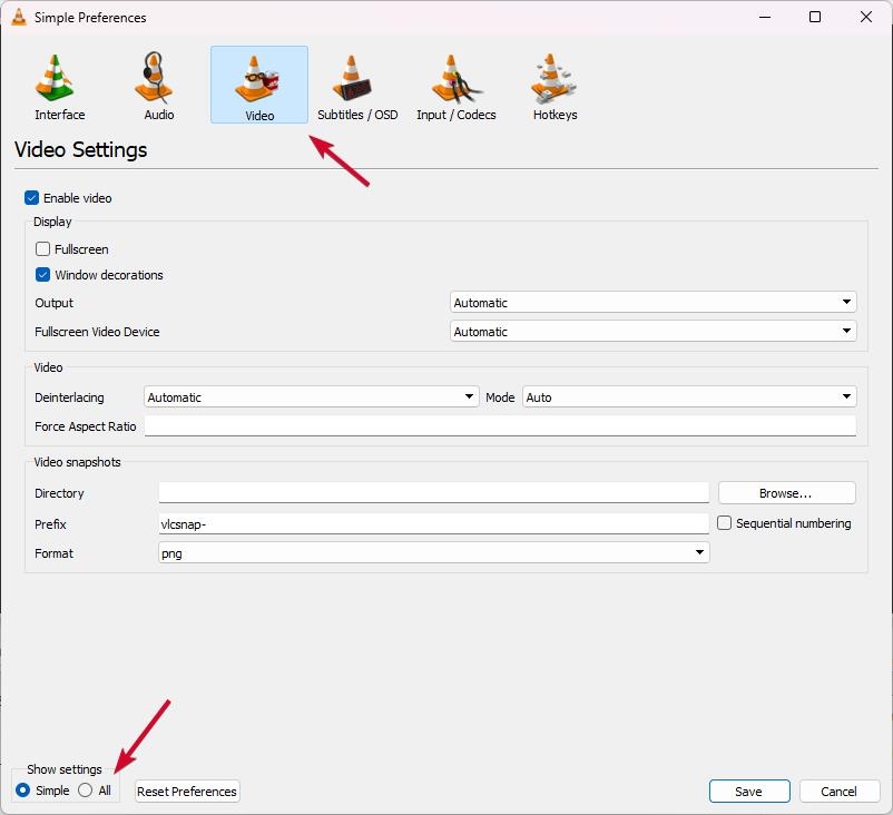 VLC Video Preferences