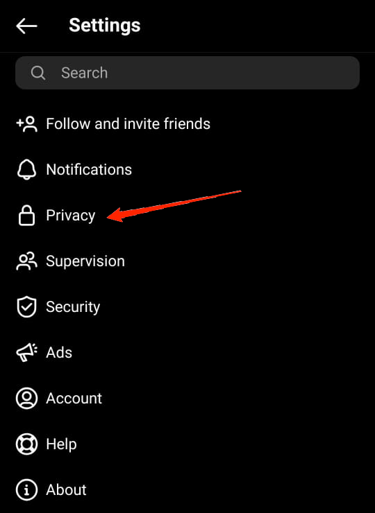 Nel menu Impostazioni, individua e fai clic su Privacy
