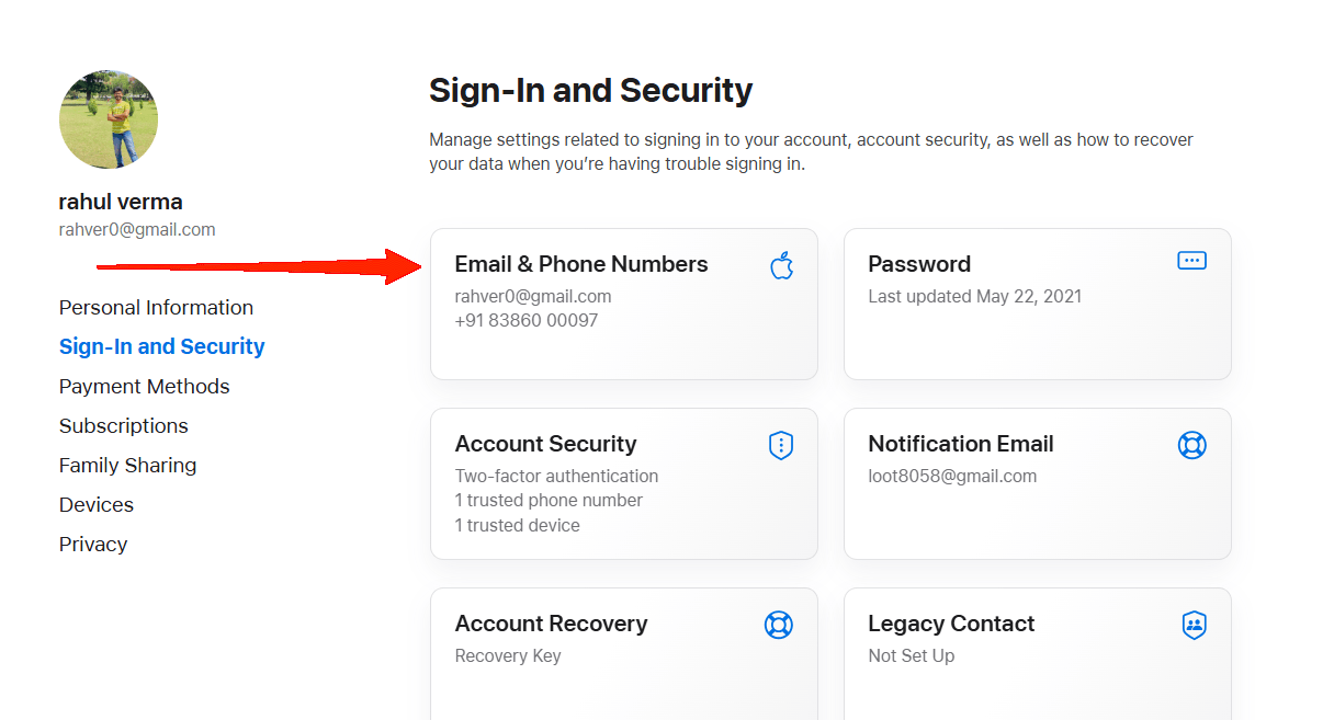 Toque em Email e Números de Telefone.
